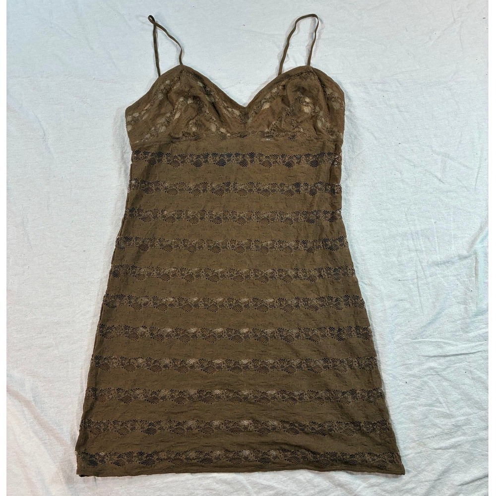 Bali Women's Chemise Nightgown Top XL Brown Lace Stripe Adjustable Straps B77